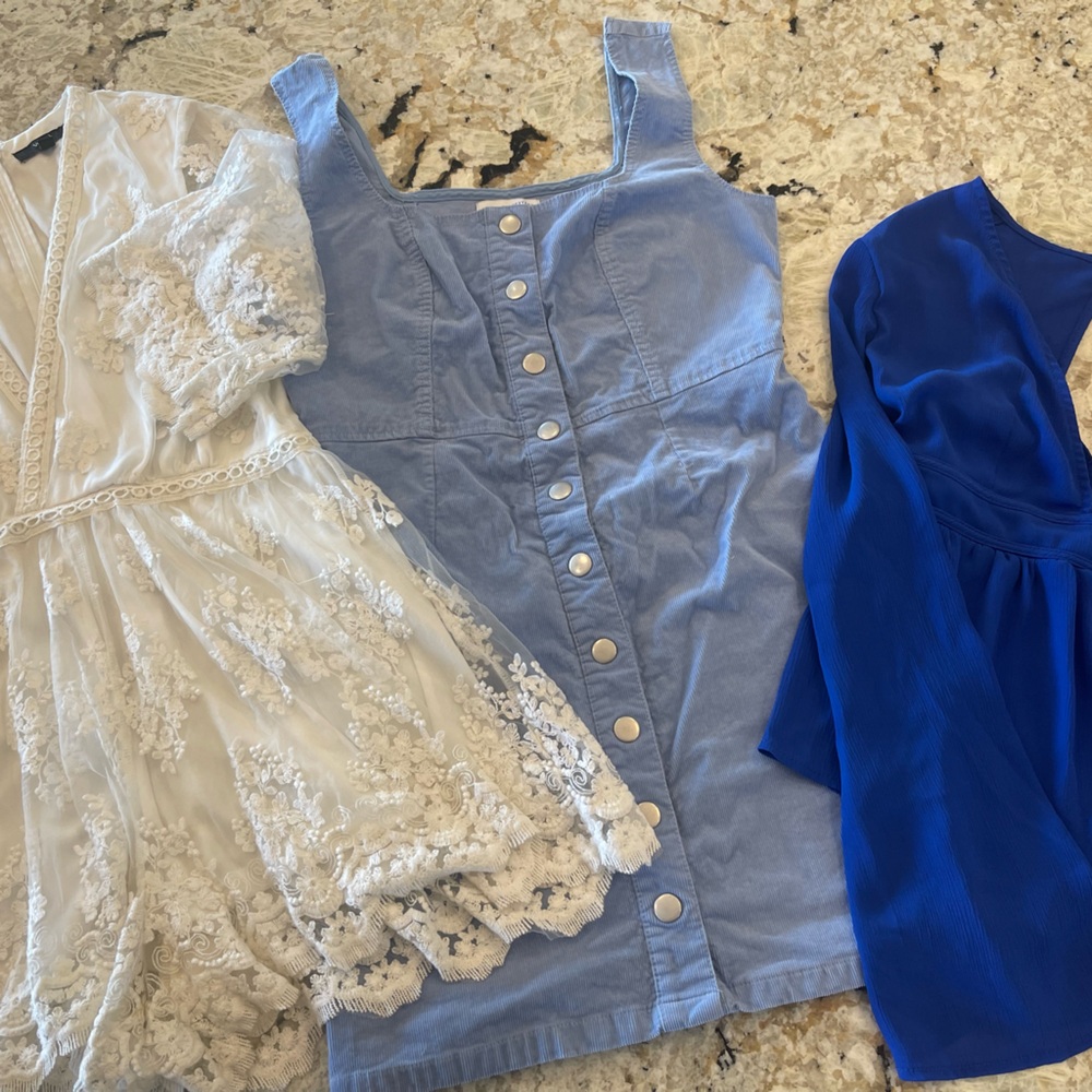 Urban Outfitters Blue Corduroy Dress, Bell Sleeve Top and Boutique White Romper